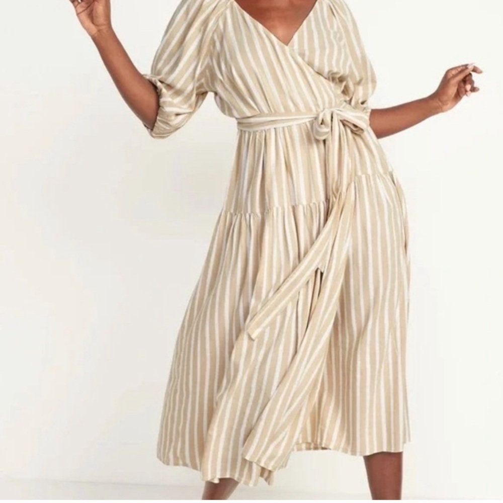 Waist-Defined Striped Tie-Belt Midi Wrap Dress